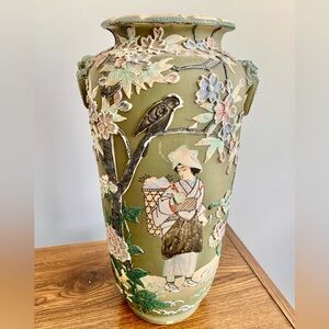 Antique Japanese Satsuma Style Moriage Green Vase Lamp Base